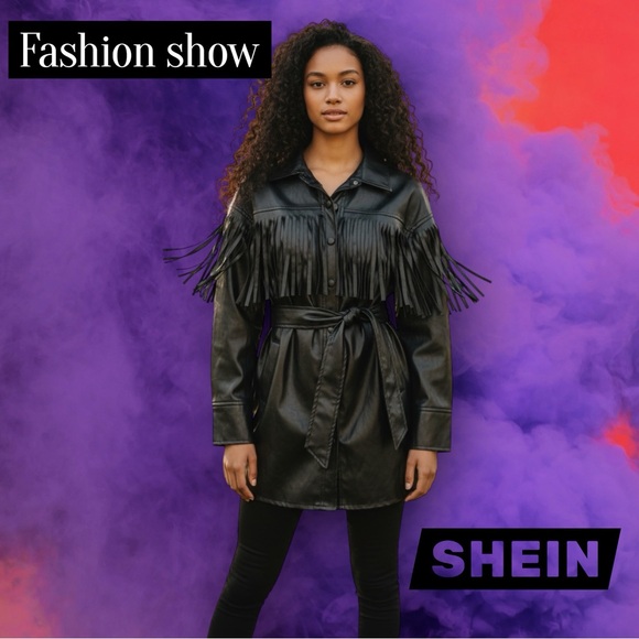 Vintage style SHEIN Black Faux Leather Fringe Belted Jacket - Picture 6 of 16